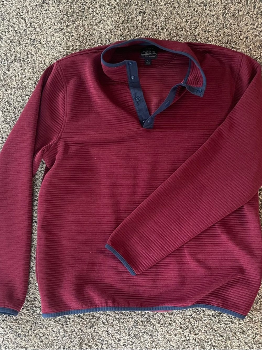 J. Crew Men's Burgundy Zip-Neck Sweater with Navy Trim